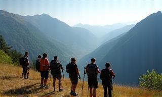 Group of hikers on a guided tour overlooking a valley