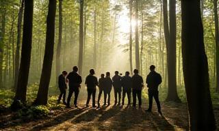 Corporate team building activity in a forest